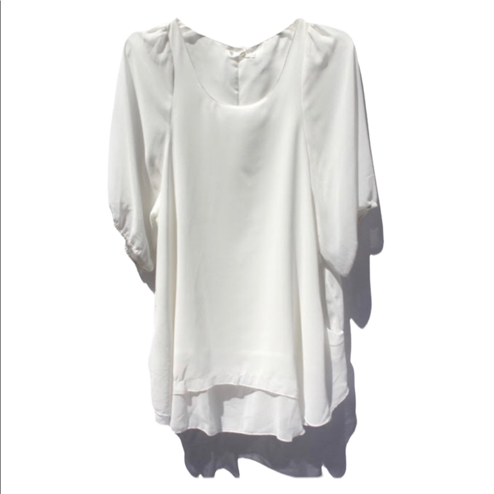 MILLAU Designer Flowy White Layered Sheer White Mini Dress Puffy Sleeves Small